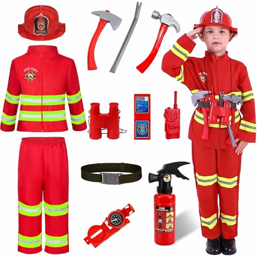 Watlie Firefighter Costume for Kids, Fireman Costume with Toy Accessories Set, Toddler Firefighter Costume for Boys and Girls, Fireman Costume for Children's Day Halloween Party 5-7 Year Old