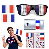 AHEZQILU Kit supporter france 5 pièces lunettes drapeau maquillage tricolore stickers fan zone accessoires match football rugby fête nationale supporter france visage corps fan équipe France﻿