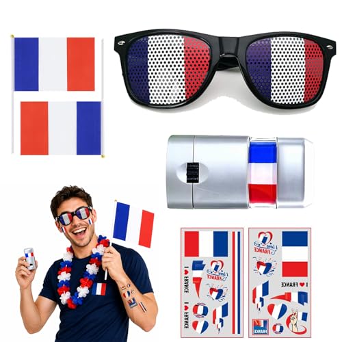 AHEZQILU Kit supporter france 5 pièces lunettes drapeau maquillage tricolore stickers fan zone accessoires match football rugby fête nationale supporter france visage corps fan équipe France