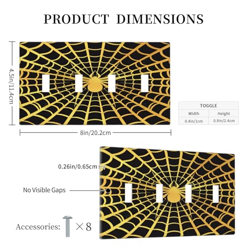 Decorative Switch Plate Covers Black Background with Golden Spiderweb Spider 4 Gang Light Switch Cover Plate Quad Toggle Wall Plate Outlet Covers for Bedroom Home Decor