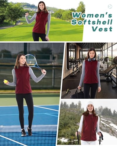 Outdoor Ventures Damen Softshell Westen mit Kapuze Leichte Fleece Gefütterte Ärmellose Jacke Wasserdichte Winddichte Weste Vest mit Zip up-Taschen Dunkelrot S
