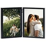 JCJMY 5x7 Double Picture Frame Hinged Folding Vertical Stand on Tabletop, Wood Two Openings 5x7 Double Photo Frame Collage with Shatter Resistant Plexiglass, Black