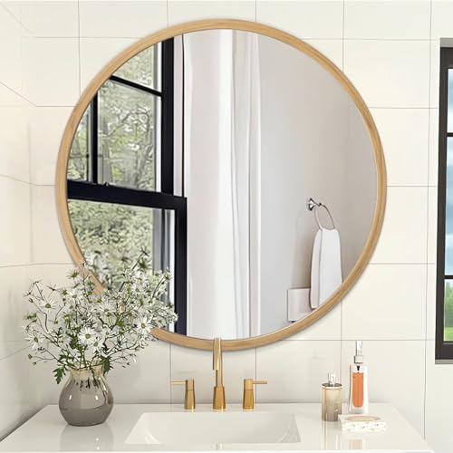 Image of AOAOPQ Wall Mount Mirror for Bathroom Brushed Metal Framed Round ative Hanging Small Natural Woodgrain Mirrors for Home Living Room Bedroom