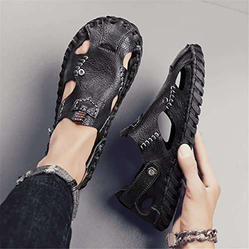 Men's Sandals Casual Closed Toe Hand Stitching Leather Outdoor Male Shoes Lightweight Beach Slippers(Gray,40)3