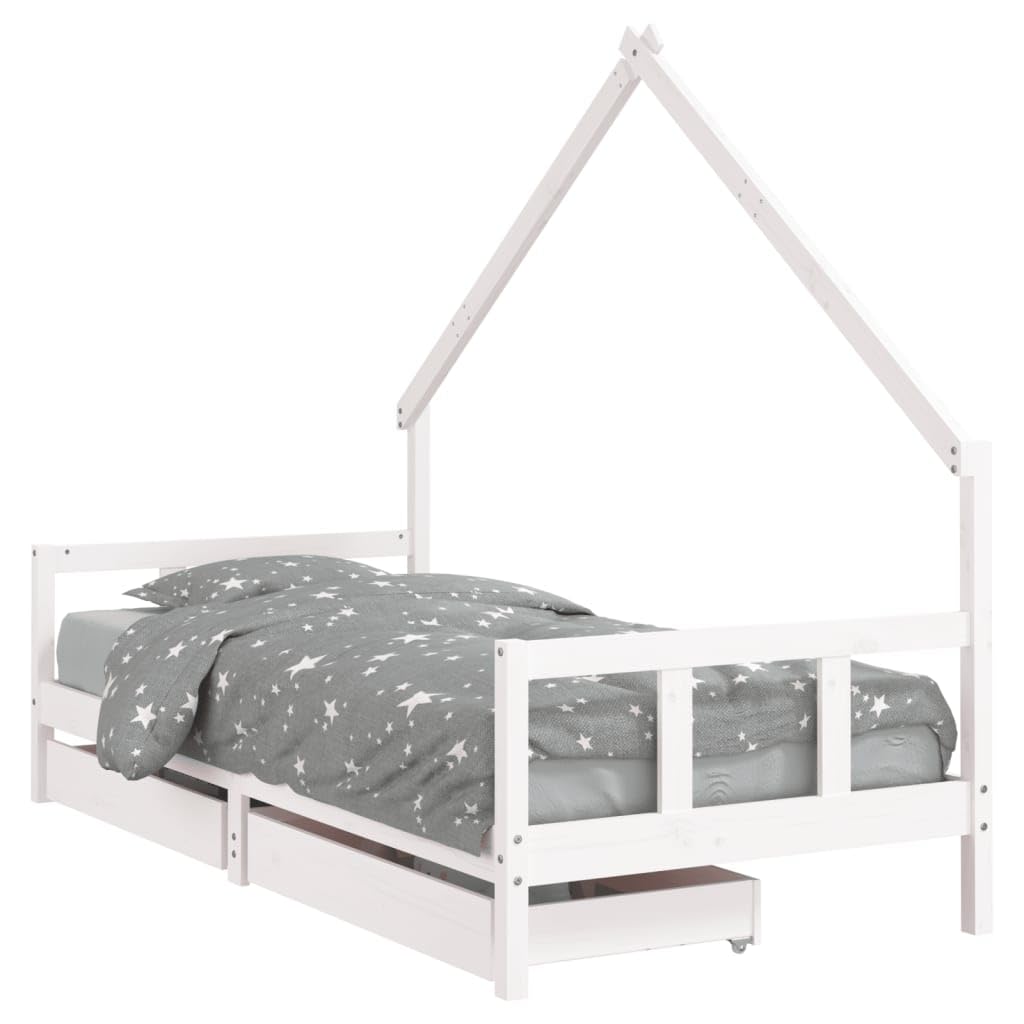 Gecheer Kinderbett Hausbett mit Schubladen Bettenhaus Spielbett Kinder Bett Kinderhaus Holzbett Bettgestell Weiß 90x190 cm Massivholz Kiefer