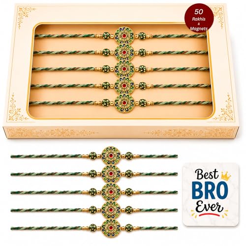 Image of eCraftIndia Pack of 50 Multicolor Flower Designer Rakhi for Brother Bhai Bhaiya | 50 Best Bro Ever Fridge Magnets Gift Combo Set | Roli Chawal Pack | Raksha Bandhan Floral Rakhi Collection