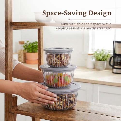 Image of Amazon Brand - Solimo Plastic Linea Storage Containers with Lid Food Grade Set of 3 (1.3L, 2.3L & 3.8L) | Stackable Kitchen Storage Bowls, BPA-Free, Multipurpose Containers (Grey)