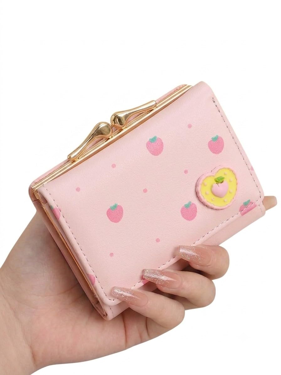 Women's Cute Strawberry Print Wallet | PU Leather Purse with Gold Kiss Lock Clasp | Girls Mini Card Holder with Photo ID Window & Coin Pocket | Stylish Trifold Clutch for Daily Use & Gifting (Pink)-image-46