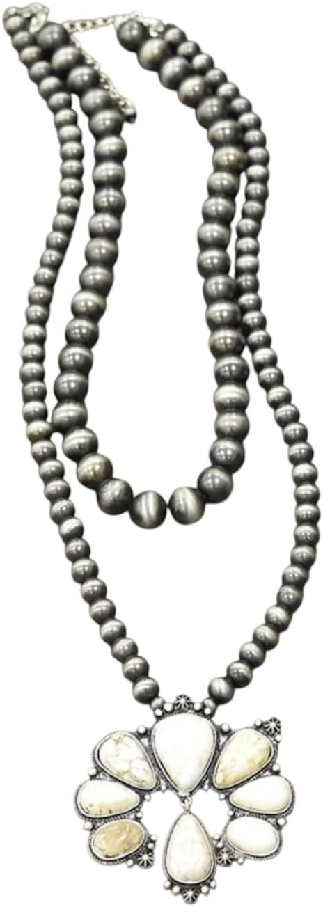 30" Long, 2-Strand Navajo Pearl Necklace with Large White Turquoise Pendant – 14 mm & 10 mm Beads, Antique Silver Plate 733265
