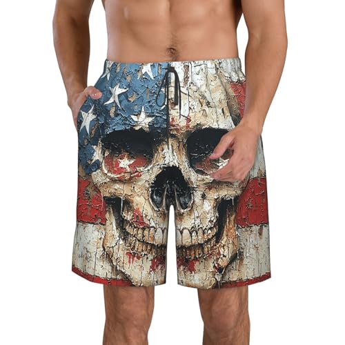 Men's Swim Trunks Quick Dry Beach Board Shorts Bathing Suits - American Flag Skull Retro Art
