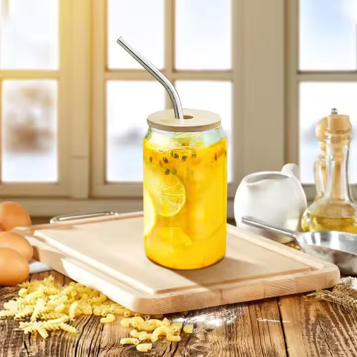 Drinking Glasses with Bamboo Lids and Glass Straw 2PCS Set, 16oz Glass Cups with Lids and Straws, Beer Glasses, Iced Coffee Glasses, Soda, Gift 1 Cleaning Brushes