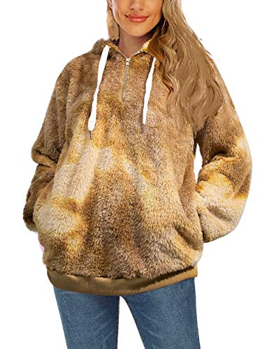 Womens Sweatshirts and Hoodies - Oversized Tie Dye Fuzzy Fleece Pullover Tops with Pockets Medium Brown