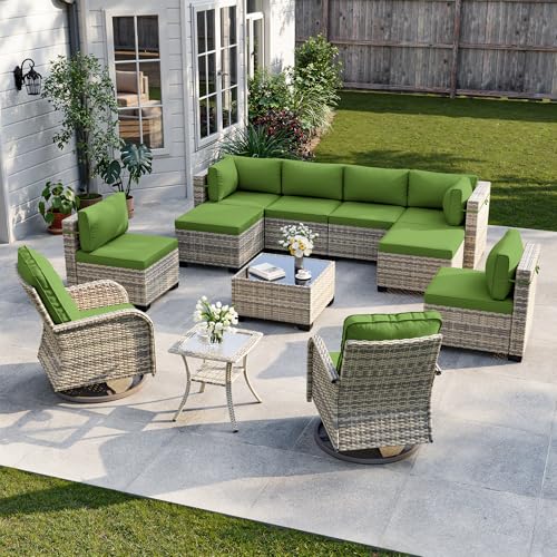 Image of 12-Piece Patio Furniture Set, Outdoor Patio Furniture with Swivel Chairs Set, Ottomans, Modular Patio Sofa, Dual-Strand Rattan, Rust-Resistant Frame, Grass Green