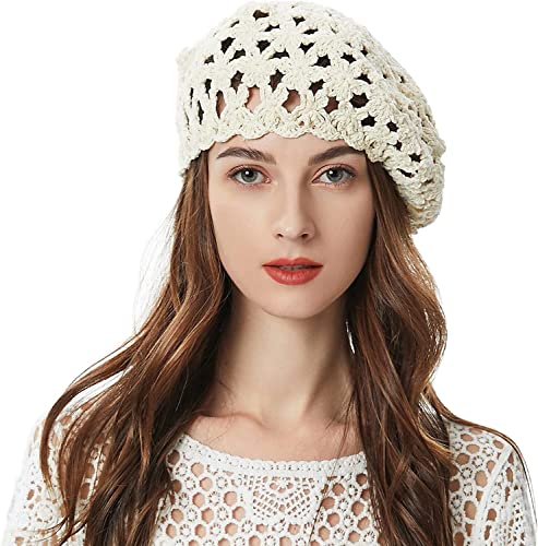 DAUXERY Boina de punto de verano para mujeres Corte ligero de ganchillo hecho a mano Sombrero suelto para mujeres Gorra de ocio (Color : BEIGE, One Size : One Size)