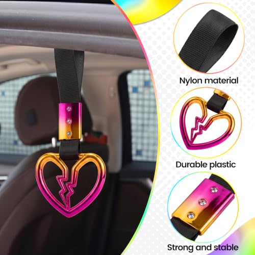 Image of 2PCS Heart Shaped Car Handle Straps, Rear Bumper Warning Keychain Ring for Car Exterior Accessories (Chrome Rainbow Broken Heart - Black)