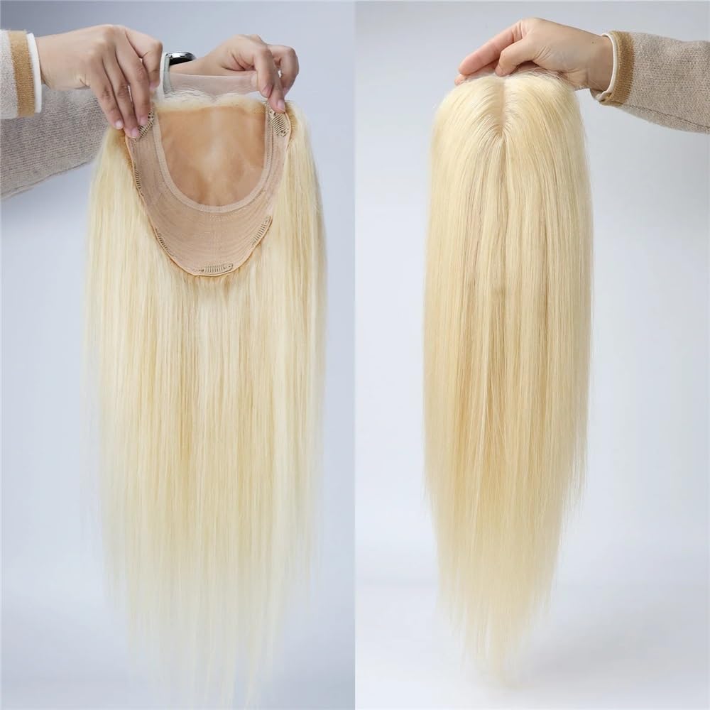 14 cali blond Remy ludzkie włosy doczepiane dla kobiet, oddychająca podstawa i 7 klipsów, miękkie i naturalne (61 cm x 7 cali)