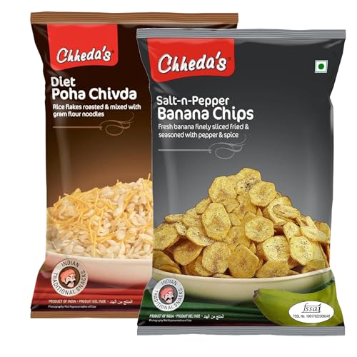 Image of Chheda's - Salt N Pepper Banana Chips (350 Gm) and Diet Poha Chivda (300 Gm) | Banana Wafers | Indian Namkeen | Tasty Snacks - Combo Pack