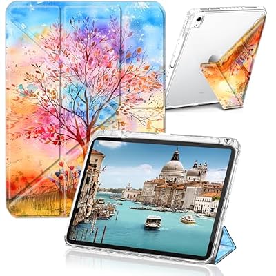 Case for iPad (A16) 11th Gen 11 Inch 2025/iPad 10th Gen 10.9 Inch 2022, Clear Back Cover Y Shape Stand Multi-Angle Stand with Auto Wake Sleep, Watercolor Tree Painting