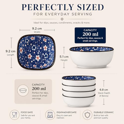 Image of YELONA Japanese Ceramic Bowl Set of 4 | 200ml Blue Floral Porcelain Elegant Serving Bowl for Rice, Soup, Snacks & Dessert | Ceramic Dinner Set for Gifting - (Midnight Sakura)