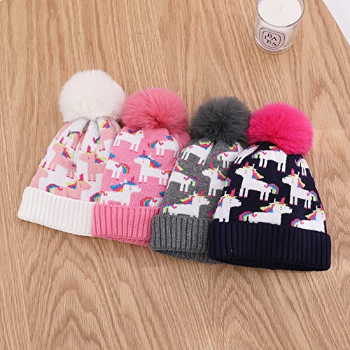 Kids Girls Winter Beanie Hat with Pom Pon Unicorn Fleece Lined Knitted Cap Toddler Little Girls3