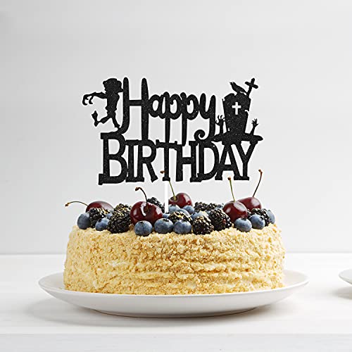 Happy Halloween Spooky Zombies Happy Birthday Cake Topper - Tombstone Zombies Halloween Black Glitter Cake Topper - Cartoon Kids Birthday Game Videos Halloween Party Derocation #TOP5