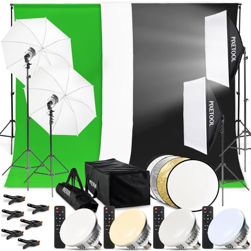 PIXETOOL Set Studio Fotografico - Softbox - Green Screen (3 x 3 m) con Supporto (0,9 x 2,6 m) - Fondale fotografica – Lampada - Sfondo - Luce Fotografiche Per Video Foto - Fotografia Streaming