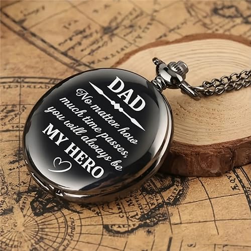 Image of Vintage Gandhi Style Pocket Watch with Engraved Designs & Messages Royal Black Analog for Men Women & Kids Includes Key Ring for car or Bike Keys Ideal Gift