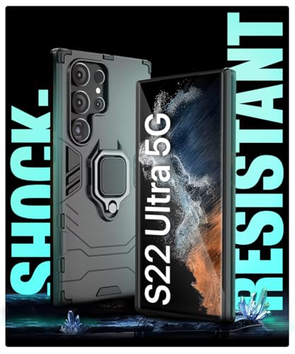 Image of WOW IMAGINE Shock Proof Back Case Mobile Cover for Samsung Galaxy S22 Ultra 5G | Back Cover Case (Tough Armor | Hybrid PC + TPU | Ring Holder & in-Built Kickstand | Black)