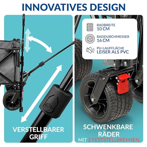 Faltbarer Bollerwagen mit Bremse 100kg ohne Dach Handwagen Faltwagen Gartenwagen Transportwagen faltbar klein Strandwagen Campingwagen Hundebuggy klappbar breite Räder Leiterwagen (GRAU) – Bild 5