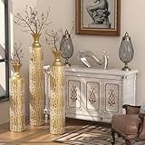 Rpuzonier Metal Floor Vases Decorative, Set of 3 Flower Arrangement Stand, Metal Decorative Vase Tall Distressed Metallic Centerpiece Vases with Growing Vine Patterns, 34', 29', 25' H (Antique Gold1)