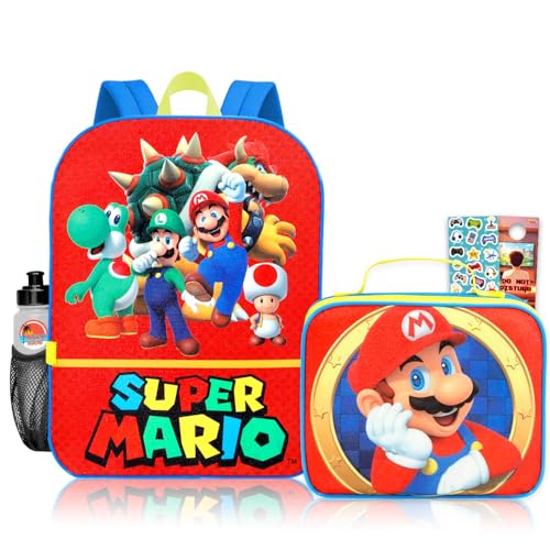 Conjunto de mochila e lancheira Mario – Pacote com mochila escolar de 41 cm com Luigi, Yoshi, mais lancheira, adesivos, garrafa de água | Mochila Super Mario Bros com lancheira