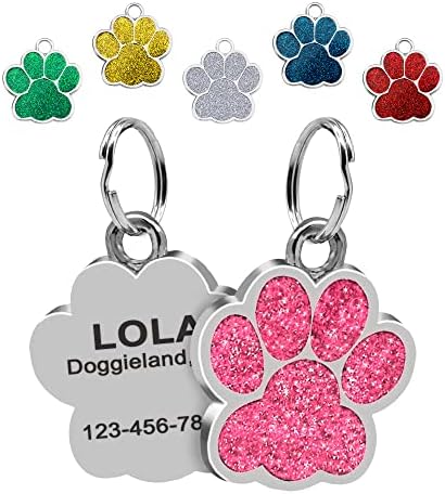 Paw Sparkly Shape Dog ID Tag Stainless Steel Custom Laser Engraved, Cute Bling Glitter Pet Name Tags Personalized with Durable Engraving