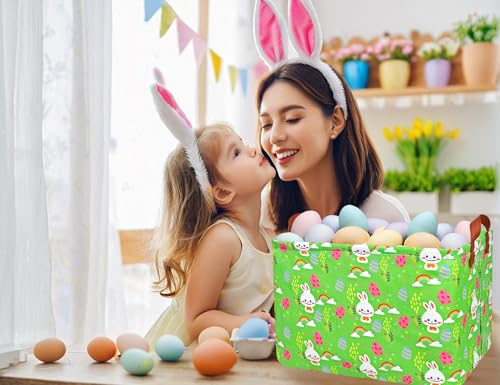 Image of Rectangle Empty Easter Baskets Boy Large Toy Storage Bin Girls collapsible Hamper Waterproof Canvas Box Kid Gifts Spring Decor( Rainbow Rabbit Egg )
