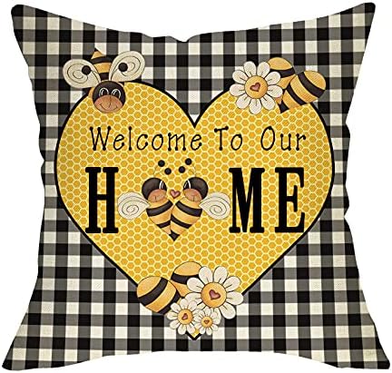 Softxpp Spring Summer Bee Home Decorative Throw Pillow Cover, Black White Buffalo Plaid Check Heart Cushion Case, Seasonal Farmhouse Yellow Daisy Decoration Outside Pillowcase Sofa Couch Decor 18 x 18