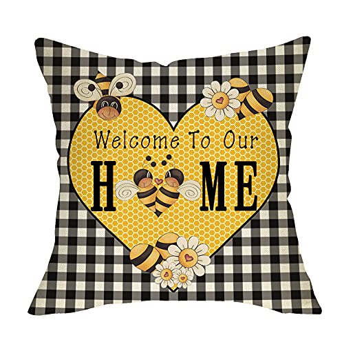Softxpp Spring Summer Bee Home Decorative Throw Pillow Cover, Black White Buffalo Plaid Check Heart Cushion Case, Seasonal Farmhouse Yellow Daisy Decoration Outside Pillowcase Sofa Couch Decor 18 X 18 #TOP21