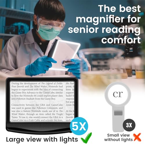 Image of Rechargeable 5X Magnifying Glass for Reading, Large Bright Full Page Magnifier with Light, Handheld LED Dimmable Lighted, Lightweight Book Magnifier for Reading Small Prints Seniors Low Vision