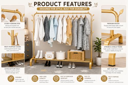 Image of Metal Multifunctional Heavy-Duty Quality Garment Stand Cloth Rack Freestanding Storage Organizer with Bottom Shelves Adjustable Folding Single Pole for Living Room (Gold)