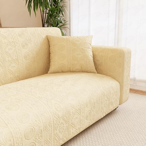 Image of Lukzer 1 Seater Stretchable Sofa Cover | 240 GSM Universal Fit Jacquard Fabric Couch Protector | Pastel Yellow Tribal Pattern | Fully Covered Anti Slip & Washable Sofa Cover (90-140cm /SC-075-01)