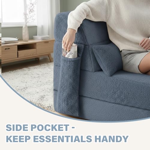 Image of Tiita Convertible Folding Sofa Bed Single Size for Adults with Pillow, Plush Fabric Floor Mattress Couch Bed, Washable Cover & Side Pocket, Guest Room, Dorm, Apartment, Living Room, Blue Gray