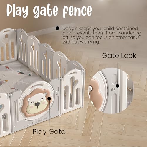 Image of 46 Sq Ft Extra Large Baby Playpen | Lion-Themed 20-Panel Play Yard with Soft Mat & Basketball Hoop | Indoor /Outdoor Toddler Fence | Grey-White | ISO & CE Certified