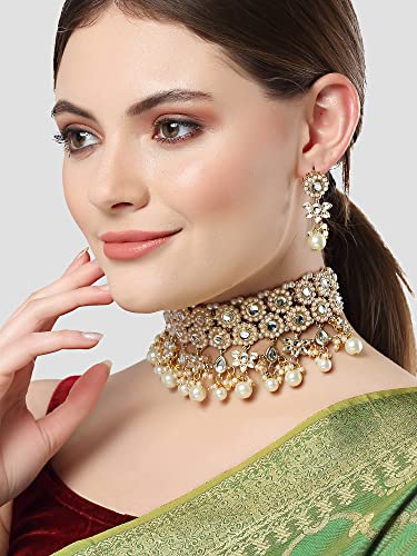 Image of Karatcart Gold Plated Pearl and Drop Kundan Studded Choker Necklace Setfor Women
