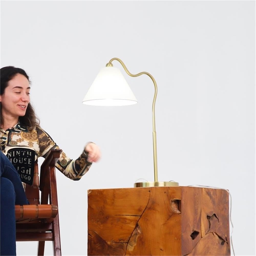 Pemberly Row Shine Brass Ring Base Curved Table Lamp, Energy-Efficient LED, Adjustable Brightness, Modern Design, Compact Size, Soft Ambient Glow for Bedside, Desk, or Living Room
