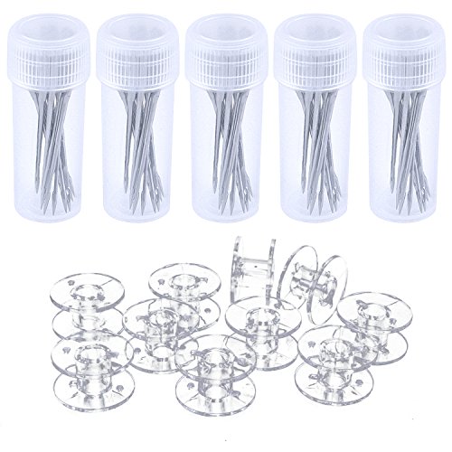 euhuton 50 Piezas Agujas para máquinas de Coser caseras, Tamaño 9, 11, 14, 16, 18, con 5 Botellas de Aguja y 10 Piezas bobinas de plástico Transparente para máquina de Coser