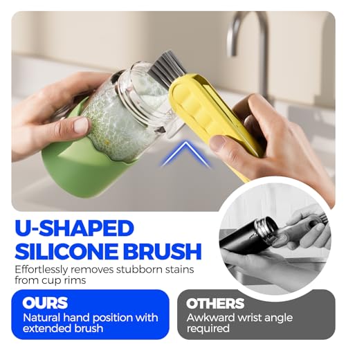 Image of Holikme 6 Pack 4 in 1 Cup Lid Cleaning Brush 3 Straws Bottle Brush,Yellow | 4 in 1 Cup Lid Cleaning Brush Multifunctional Bottle Brush, Silicone Cup Lid Gap Cleaner, Bristle Crevice Cleaning Brush