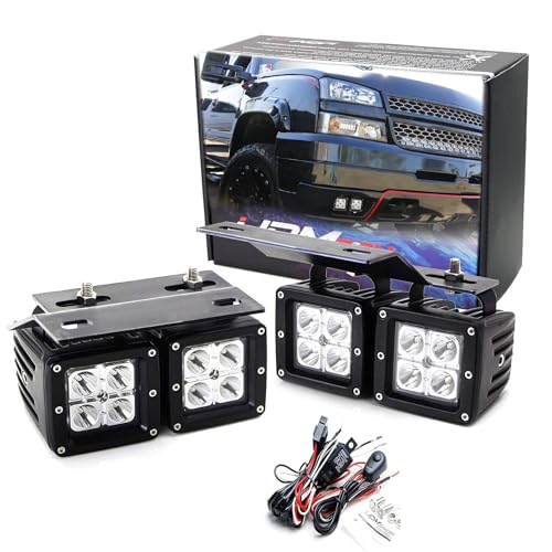 iJDMTOY Dual LED Pod Fog Lamps Compatible With 02-06 Chevy Avalanche 03-07 Silverado 2500 3500 Incl (4) 20W High Power LED Cubes Foglight Location Mount Brackets & On/Off Switch Wiring Kit