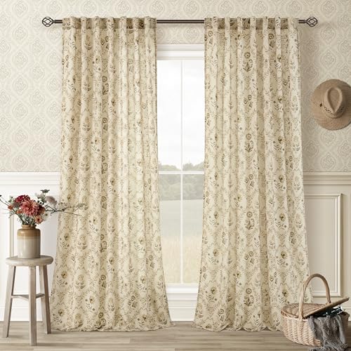 Image of Floral 108 Inches Long Sheer Curtains for Living Room Tan Beige with Flower