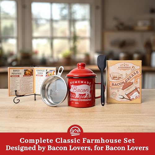Image of Ayerphalo Bacon Grease Container with Strainer - With Food-Grade Silicone Spatula, 24oz Enamel Rustic Farmhouse Fat Container, Keeper, Recipes, Dishwasher Safe