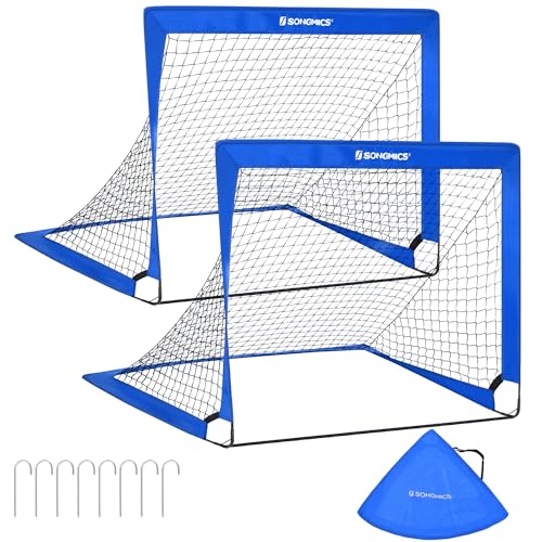 SONGMICS – Juego de 2 jaulas de fútbol para niños, Plegable, Red de fútbol, Montaje rápido, para jardín, Curso, Marco de Fibra de Vidrio, Tela Oxford y poliéster, Azul SZQ122Q02