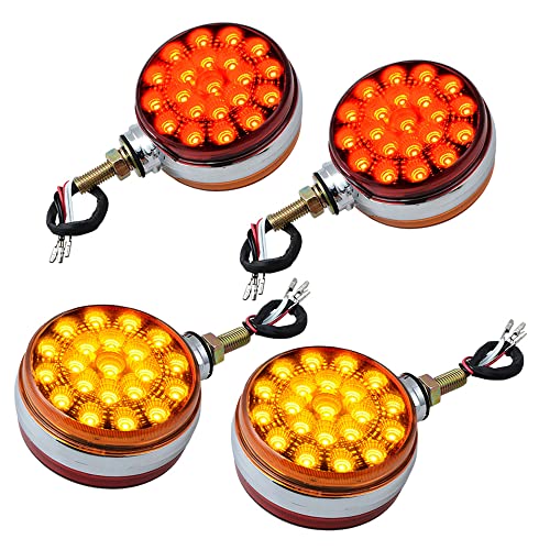 amopacorp 2 Pairs 4 inch Round 42-LED Double Face Red Amber Single Stud Mount Fender Stop Turn Signal Lights Chrome ABS Housing Sealed Compatible with Peterbilt Kenworth Freightliner