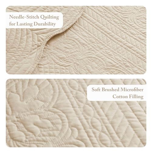 Image of Madison Park Cottage Damask Coverlet Set, 3 PC Full /Queen Quilt Set | Scallop Edge, All Season Oversized Bedding with Pre-washed Cotton-Filled Quilt, Shams, Cream